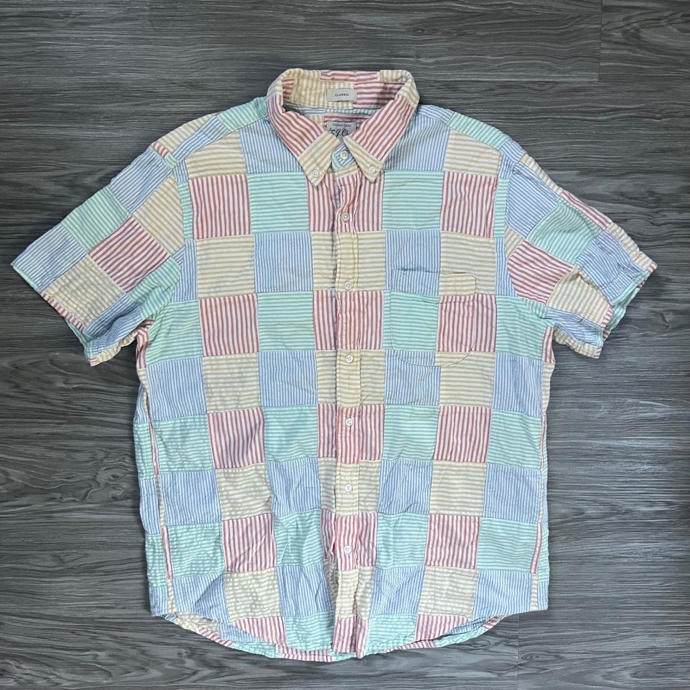 J.Crew Mens Patchwork Seersucker Short Sleeve Button Down Shirt BE982 L